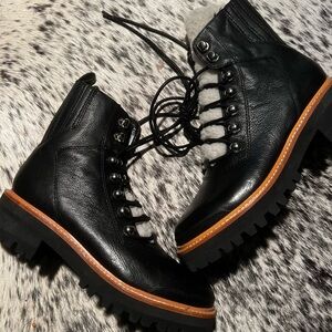 Marc Fisher Black Leather Lace Up Boots with Brown Accents New Size 6 Women